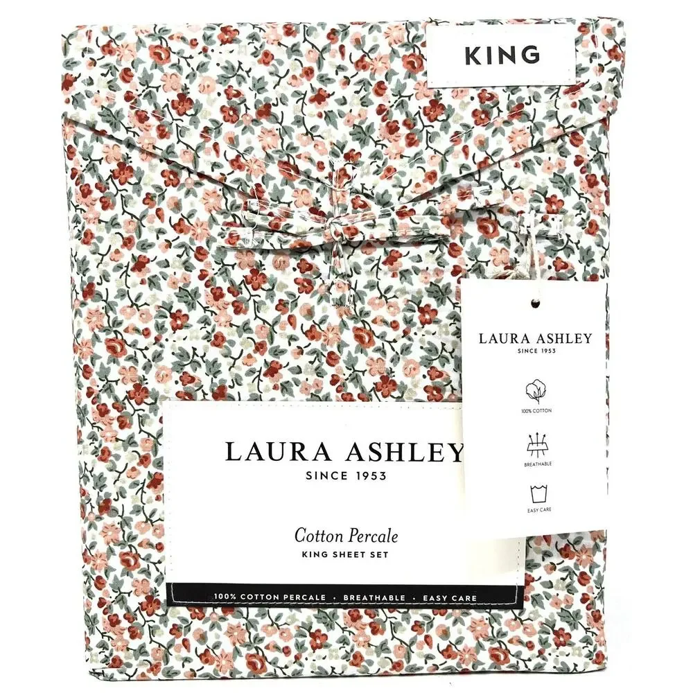 Laura Ashley Percale Cotton King Sheet Set Autumn Fall Colors Orange Emogene